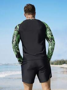 Manfinity Swimmode 2pcs Men's Letter Print Raglan Sleeve Swimwear Set: Long Sleeve Top And Shorts - Black - View 2