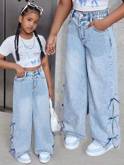 SHEIN Sparklyn Tween 女童宽松牛仔裤，带口袋和蝴蝶结装饰，休闲