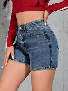 SHEIN PETITE Women's Fashionable Denim Shorts, Suitable For Summer - Blue - View 6