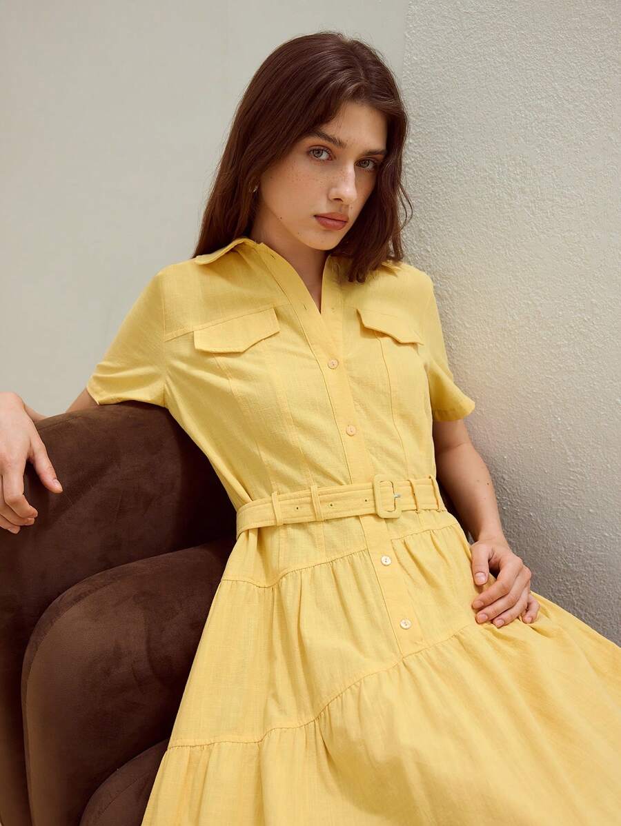 MOTF STUDIO CANVAS WAIST BELT DESGN CASUAL LONG DRESS FOR WOMEN DRESSES FOR WEDDING EVENT - Yellow - View 2