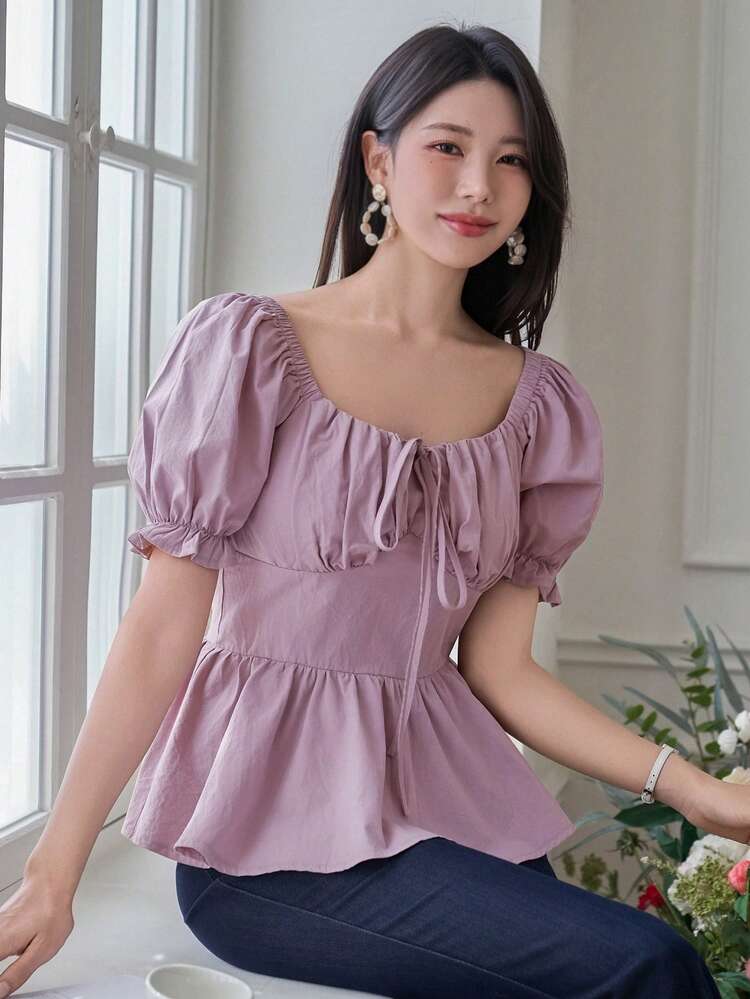 Solid Color Square Collar Puff Sleeve Pleated Women Blouse Babydoll Top