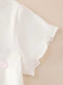 2Pcs Girls Summer Outfit: Satin Bow Decor White Round Neck T-Shirt + Pink Plaid Bell-Bottom Pants With Ruffle Hem, Casual Streetwear Summer Holiday - Multicolor - View 3