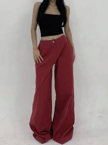 Women's Red Low Waist Loose Wide Leg Pants - Red - View 2