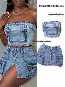 Slaydiva 2025 夏季新款音乐节毕业生日派对学生日常休闲度假邮轮沙滩装日光浴病毒式街头装朋克牛仔风格无袖露背开口拉链工装口袋蓝色牛仔女衬衫