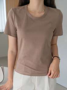 DAZY Camiseta Sólida De Cuello Redondo - Café integral - Ver 6