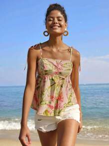 Travachic Women's Boho Tropical Print Woven Fabric Tank Top With Ruffle Hem And Spaghetti Straps - Pink - View 4
