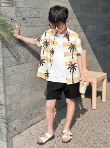 SHEIN 青少年男孩棕榈树印花单排扣短袖衬衫，度假风格 - 彩色 - 查看 3