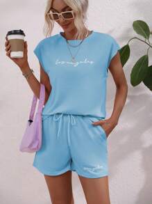 SHEIN LUNE 2 chiếc/Bộ áo thun cổ tròn tay lỡ in chữ và quần short trang phục thường ngày cho nữ - Màu xanh lam - Xem 6
