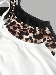 SHEIN EZwear 3 件大码女式纯色黑/白 + 豹纹无袖蝴蝶结衬衫荷叶边宽松吊带可调节肩带，适合春夏季 - 彩色 - 查看 3