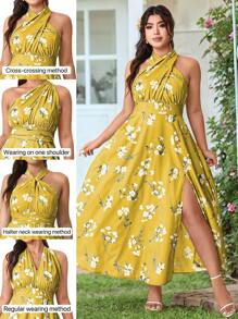 Allurite Women Plus Size Floral Print Side Split Hem Halter Neck Dress Wedding Day Wedding Guest - Yellow - View 1