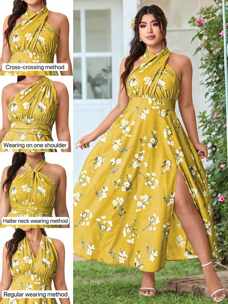 Allurite Women Plus Size Floral Print Side Split Hem Halter Neck Dress Wedding Day Wedding Guest - Yellow - View 1