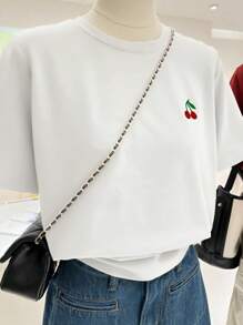 INAWLY Women Cherry Print Round Neck Short Sleeve Casual T-Shirt - White - View 4