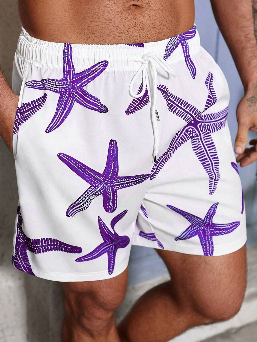 Manfinity Swimmode Men's Drawstring Waist Starfish Printed Pocket Beach Shorts Men Swim Trunks,Hawaiian - Purple - View 1