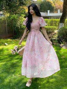 DAZY 夏季新款优雅碎花中长连衣裙，适合音乐节