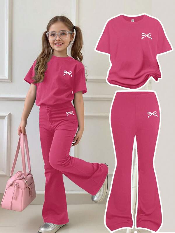 SHEIN 2pcs Girls Casual Simple Round Neck Top And Pants Set, Suitable For Summer