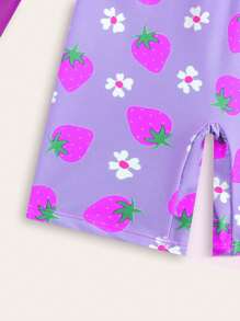 SHEIN New Arrival One-Piece Girls Strawberry All-Over Print Swimsuit - Purple - View 4