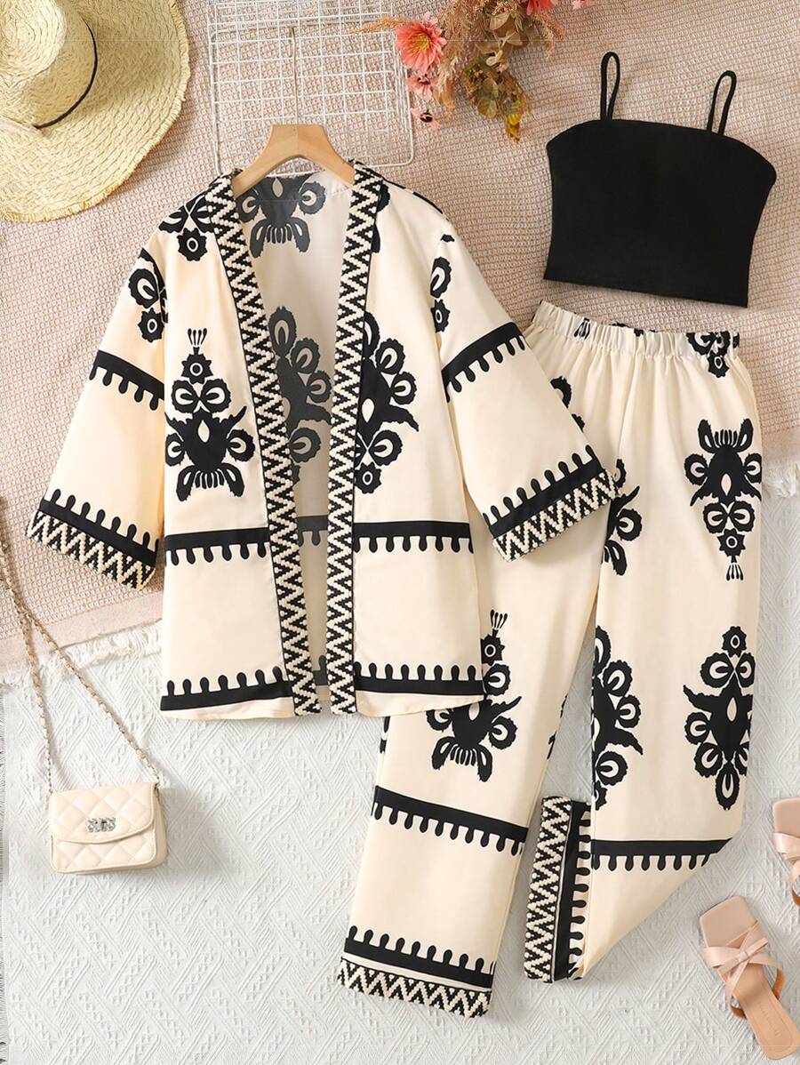 SHEIN 3 pièces Ensemble veste imprimée, débardeur et pantalon pour adolescentes, motifs floraux et géométriques