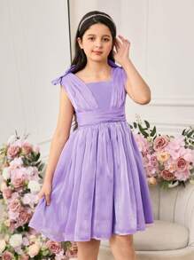 Tween 女童优雅紫色欧根纱无袖连衣裙，夏季 - 淡紫色 - 查看 6