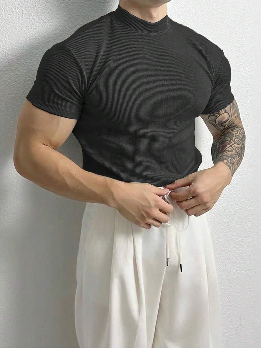 Manfinity Homme Áo thun nam tay ngắn cổ đứng màu trơn thường ngày, áo thun nam mùa hè, dành cho mùa thu - màu đen - Xem 1