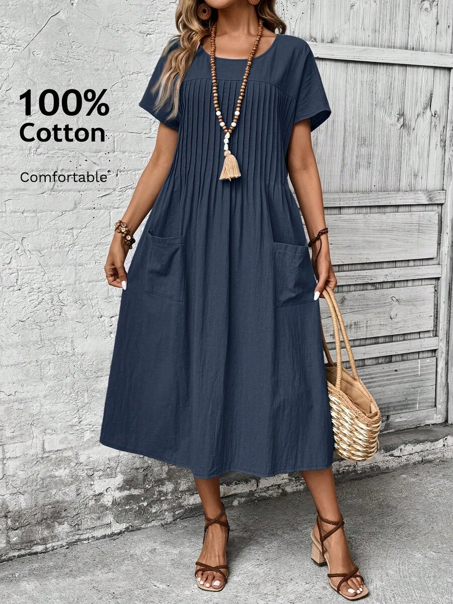 EMERY ROSE Vestido de esmoquin con bolsillo, detalle plisado y parche, ropa de maestra - Azul Marino - Ver 1