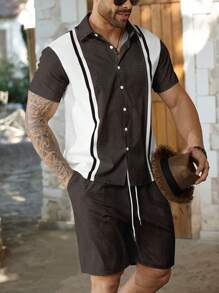 Manfinity Homme Conjunto de camisa y shorts para hombre talla grande, de moda para el verano - Negro - Ver 6