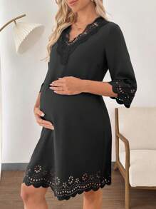 SHEIN Sexy V-Neck Lace Maternity Dress, Solid Color, Fashion, Suitable For Summer - Black - View 6