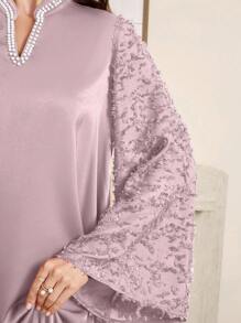 SHEIN Najma 勃艮第红色女式 V 领喇叭袖仿珍珠装饰优雅阿拉伯连衣裙，优雅端庄的华丽束腰外衣阿拉伯长袍，适合晚会/日常休闲 - 紫色 - 查看 4