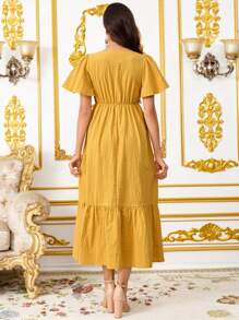 SHEIN Mutterschaftskleid mit floralen Prints, V-Ausschnitt, Rüschen an den Ärmeln, elegantes Design - Gelb - Übersicht 2