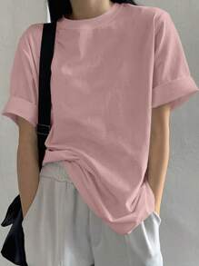 DAZY Summer Solid Color Round Neck Loose Casual T-Shirt Oversized T-Shirt - Baby Pink - View 6