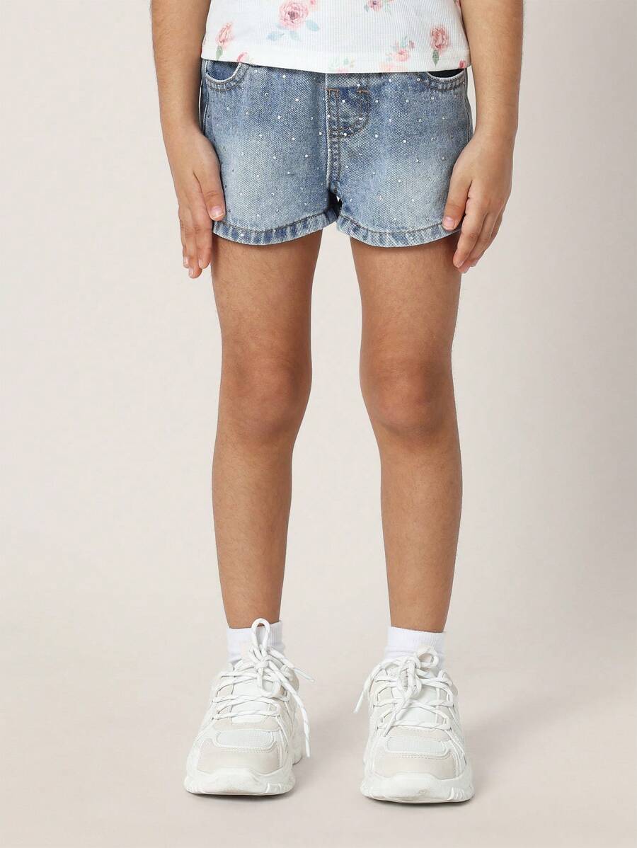 SUMWON Shorts di jeans da ragazza con cristalli, pantaloncini estivi decorati, vita media, adatti per la scuola, il tempo libero e l'uso casual, con dettagli glitterati e scintillanti - Lavaggio chiaro - Visualizzare 1