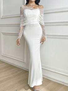 Modelyn Women's Lace Patchwork Asymmetrical Sleeve Dress