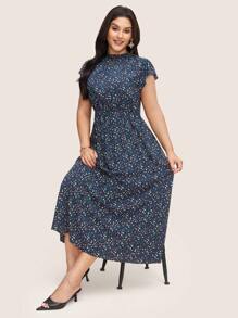 SHEIN LUNE SHEINLUNE Vestido midi de manga corta con estampado floral diminuto para mujer talla grande