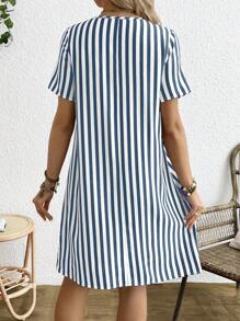 SHEIN Casual Blue And White Striped Maternity Dress With Short Sleeves And Round Neck - Blue and White - View 2