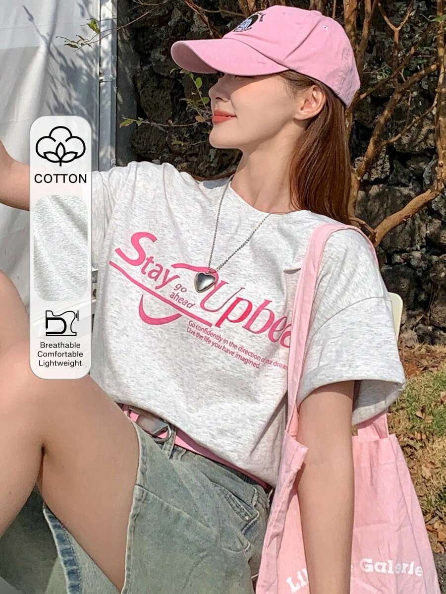 DAZY Women's Casual Slogan Print Short Sleeve T-Shirt, Summer Cute Tops