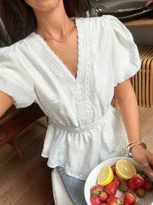 Serisse Áo sơ mi tay bồng thêu trơn màu đơn giản cho nữ, mùa hè - Màu be - Xem 5