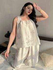 Dazy Plus Plus Size All-Over Floral Print Loose Camisole Top And Pants Home Pajama Set, Back To School Clothes