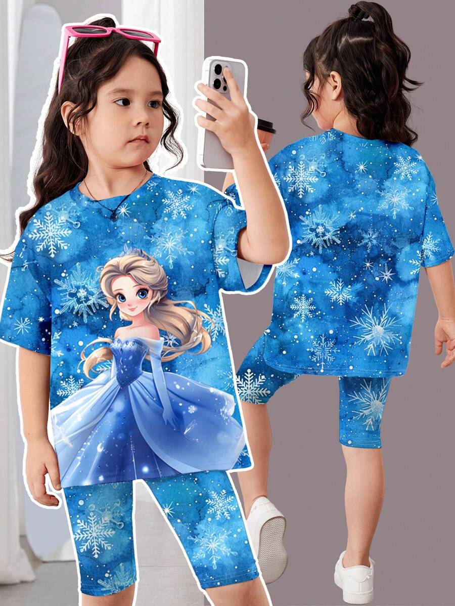 SHEIN Young Girl Casual Cute Princess Style, Anime, Snowflake Print, Minimalist Short Sleeve Top And Shorts 2pcs Set, Suitable For Summer - Multicolor - View 1