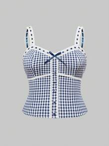 ROMWE Kawaii Áo ba lỗ kẻ caro viền bèo nhún cỡ lớn, dành cho nữ khi đi nghỉ - Xanh đậm - Xem 1