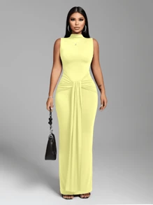 Zolique Women's Turtleneck Tie Front Dress - Yellow - View 4