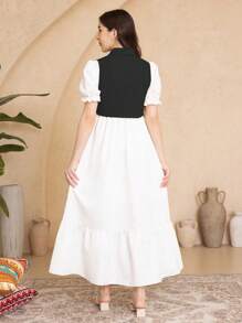 2pcs Teen Girls' Casual Combo - Ruffle Sleeve Long Dress & Vest Set - Black - View 2