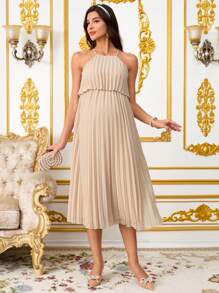 SHEIN Pregnant Women Elegant Solid Color Pleated Halter Dress, Summer Maternity Dress - Khaki - View 4