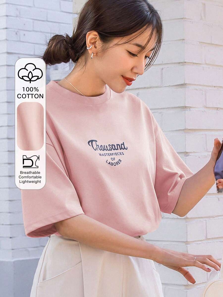 DAZY Letter Graphic Drop Shoulder Tee Summer Preppy Tops - Baby Pink - View 1