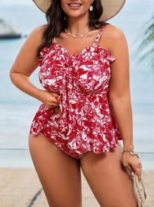 Swim Mod Plus Size Women 2Pcs Cashew Floral Print Fashion Resort Daily Simple Paisley Pattern Belly Cover Ruffled Bow Adjustable Thick Strap High Waist Triangle Bathing Suit Tankini For Summer Beach Vacation - Hot Pink - View 1