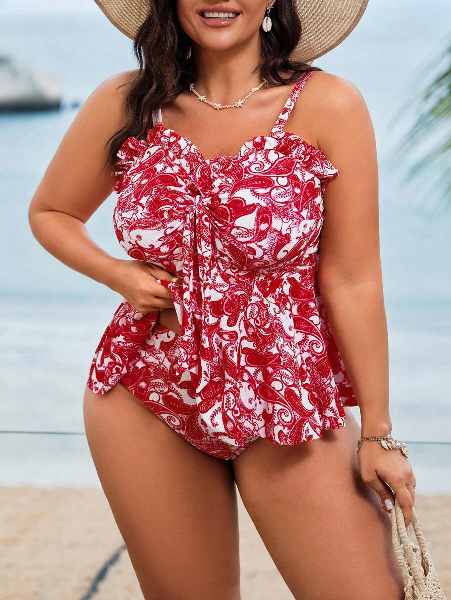Swim Mod Plus Size Women 2Pcs Cashew Floral Print Fashion Resort Daily Simple Paisley Pattern Belly Cover Ruffled Bow Adjustable Thick Strap High Waist Triangle Bathing Suit Tankini For Summer Beach Vacation - Hot Pink - View 1