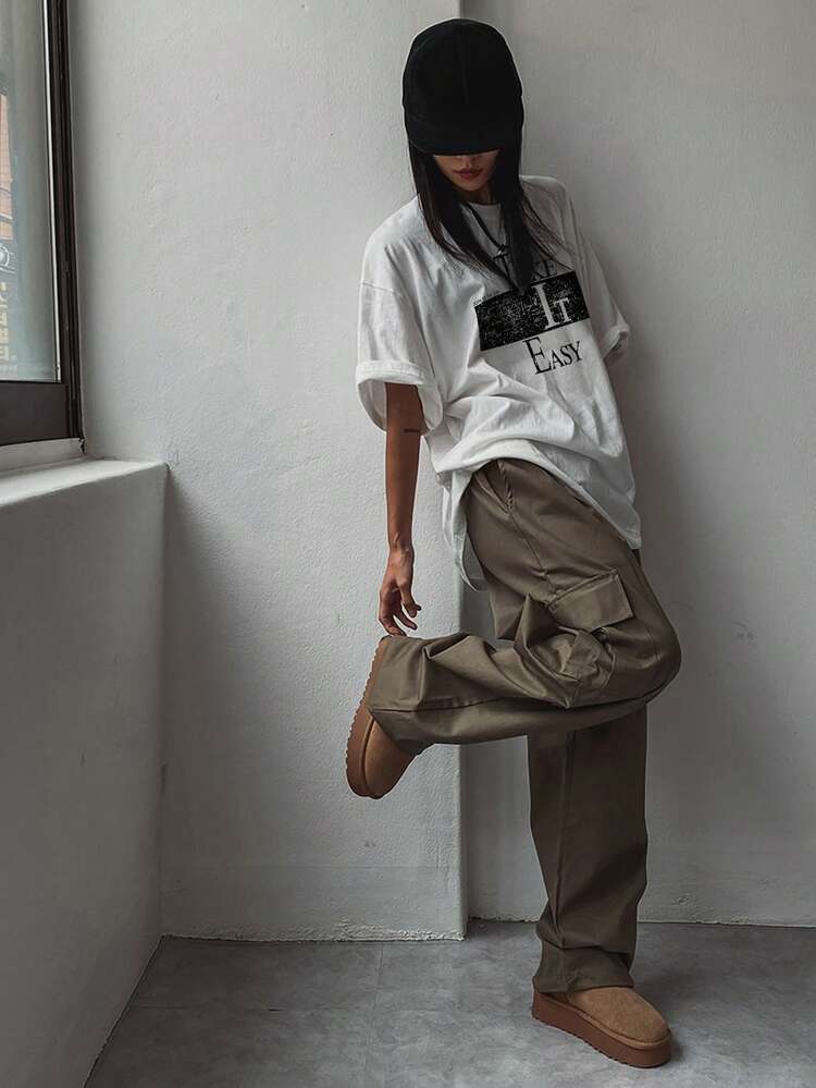 Women Loose Round Neck Graphic Print Short Sleeve T-Shirt, White, Spring/Summer Oversized T-Shirt