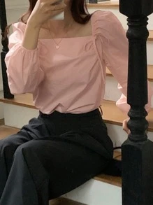 DAZY Blusa ajustada con cuello cuadrado y lazo delantero, top rosa para primavera/verano, con volantes, ropa de otoño