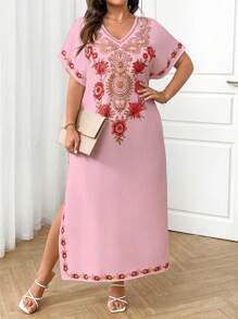 SHEIN LUNE Plus Size Elegant Floral Print Side Slit Dress, Summer - Pink - View 5