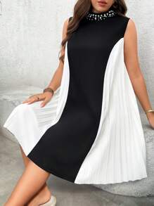 SHEIN LUNE SHEINLUNE Damen Große Größen Midi-Kleid im A-Linie Stil mit Farbblockmustern und Perlenbesatz, Sommeroutfit für Frauen, süße Sommerkleider für Frauen, Abschlusskleid, Brunch-Outfit für Frauen, Kreuzfahrt-Outfit für Frauen, Fairycore elegante Outfits für Frauen - Schwarz - Übersicht 2