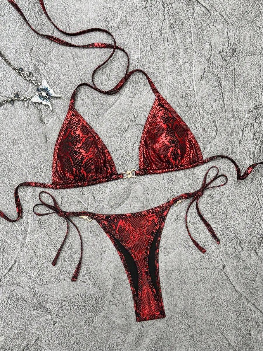 Swim Vcay 全新夏季海滩系带蛇皮印花比基尼泳装带下装，女士性感泳衣套装 - 彩色 - 查看 1