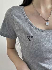 DAZY Women's Oversized Round Neck Letter Embroidery Cropped Short Sleeve T-Shirt With Bow, Grey, Spring/Summer